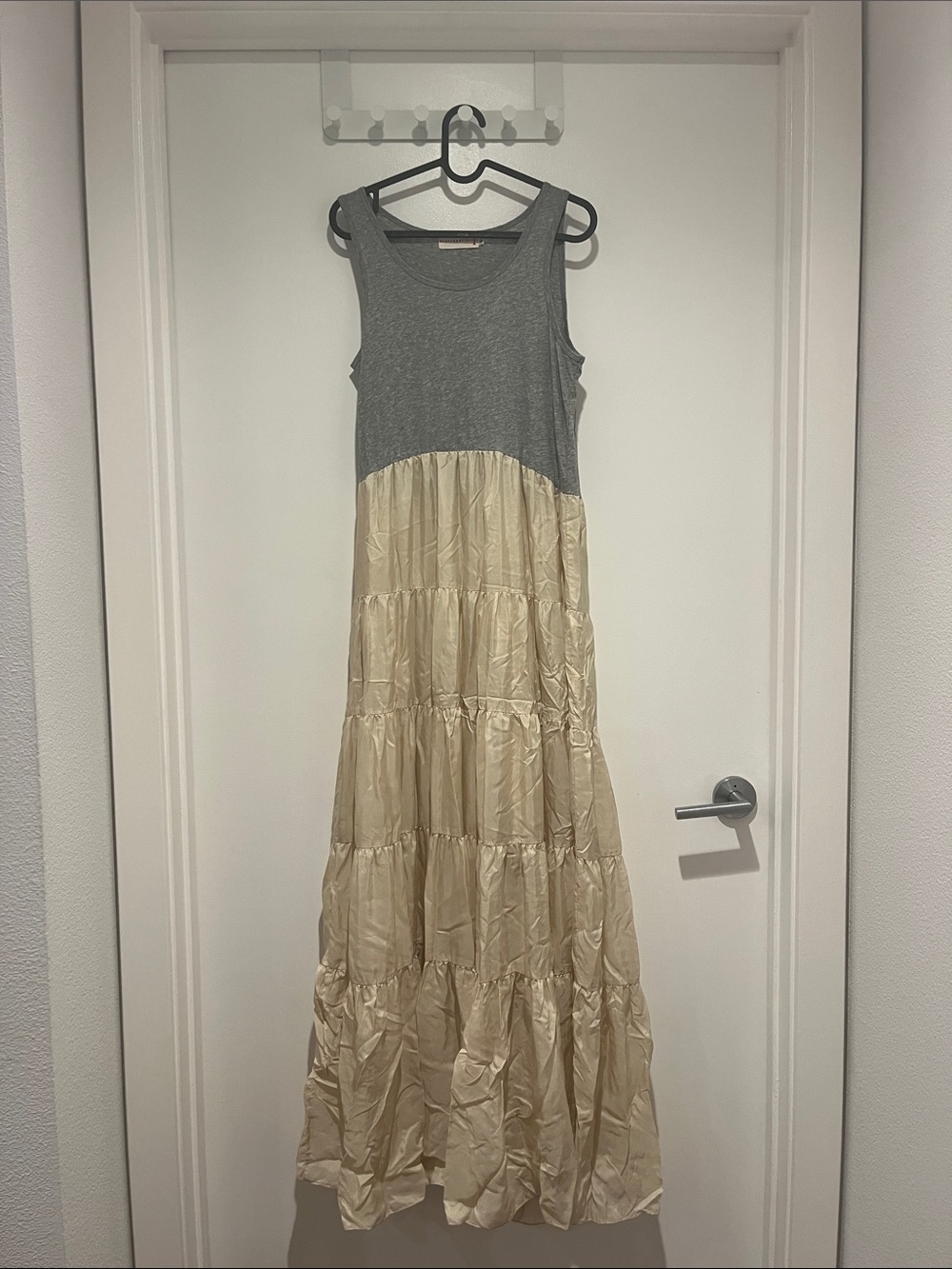 Gray Knit Tank Maxi Dress with Cream Tiered Skirt